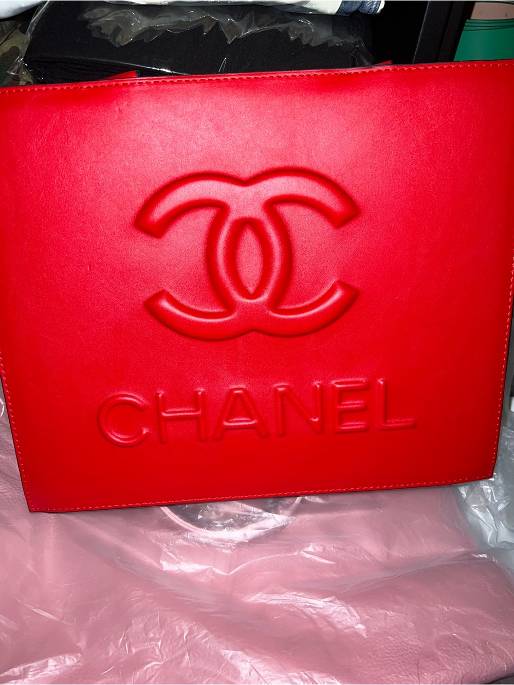 Red Embossed Logo Leather Tote